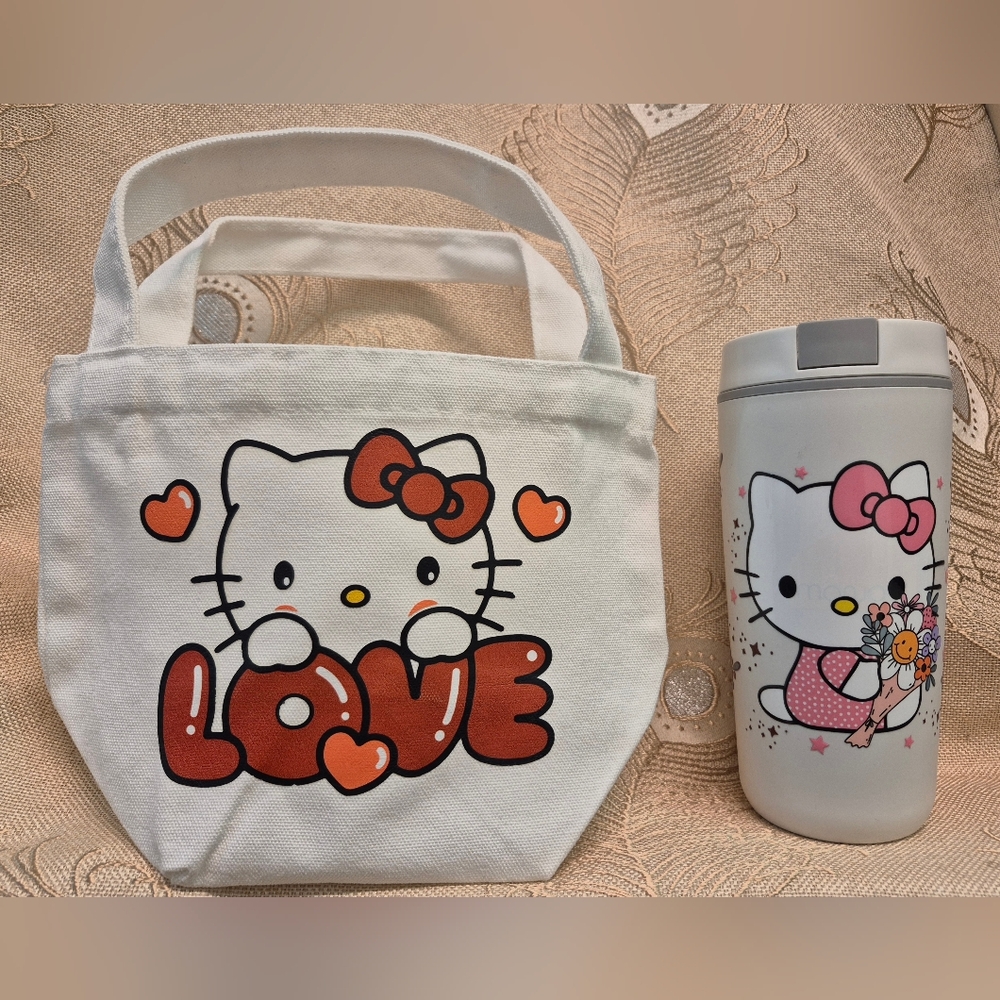 🪻3/$25 Hello Kitty Flowers insulated travel 20oz mug tumbler lid Mini Tote Bag